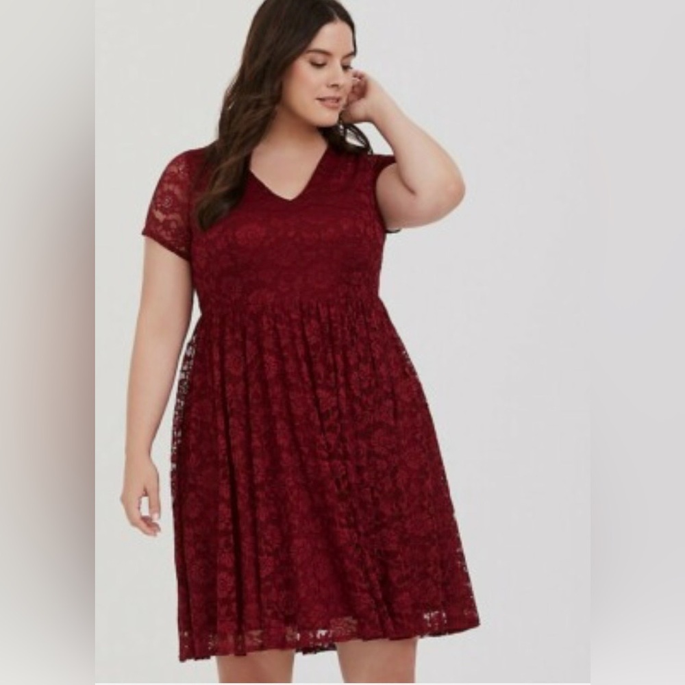 Torrid Red/Burgundy V-Neck Floral Lace Dress